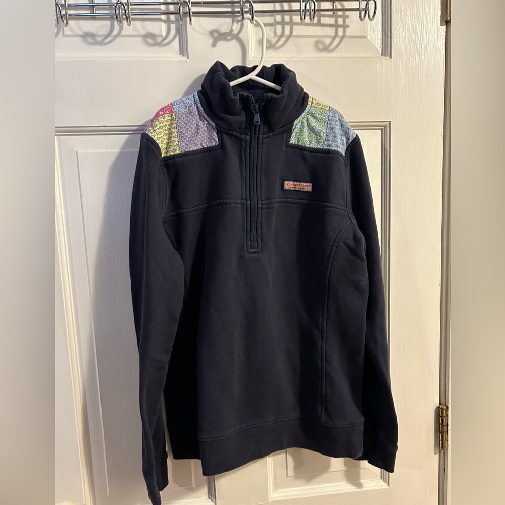 Vineyard Vines women’s navy quarter zip patchwork sweatshirt, size XS